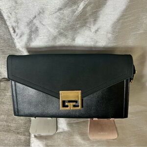 Black Leather Envelope Clutch Gold Tone G Style Evening Bag Chic Slim